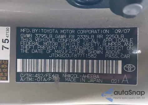 2008 Toyota Prius from USA, damaged, VIN JTDKB20U187711582